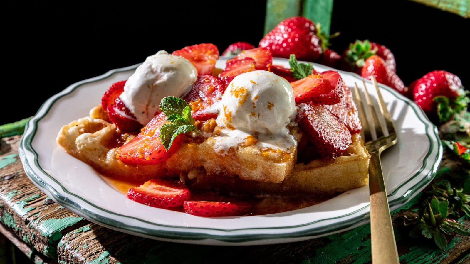 Waffles with strawberries, vanilla ice cream, syrup, and mint on a plate with a fork; fresh strawberries in the background.