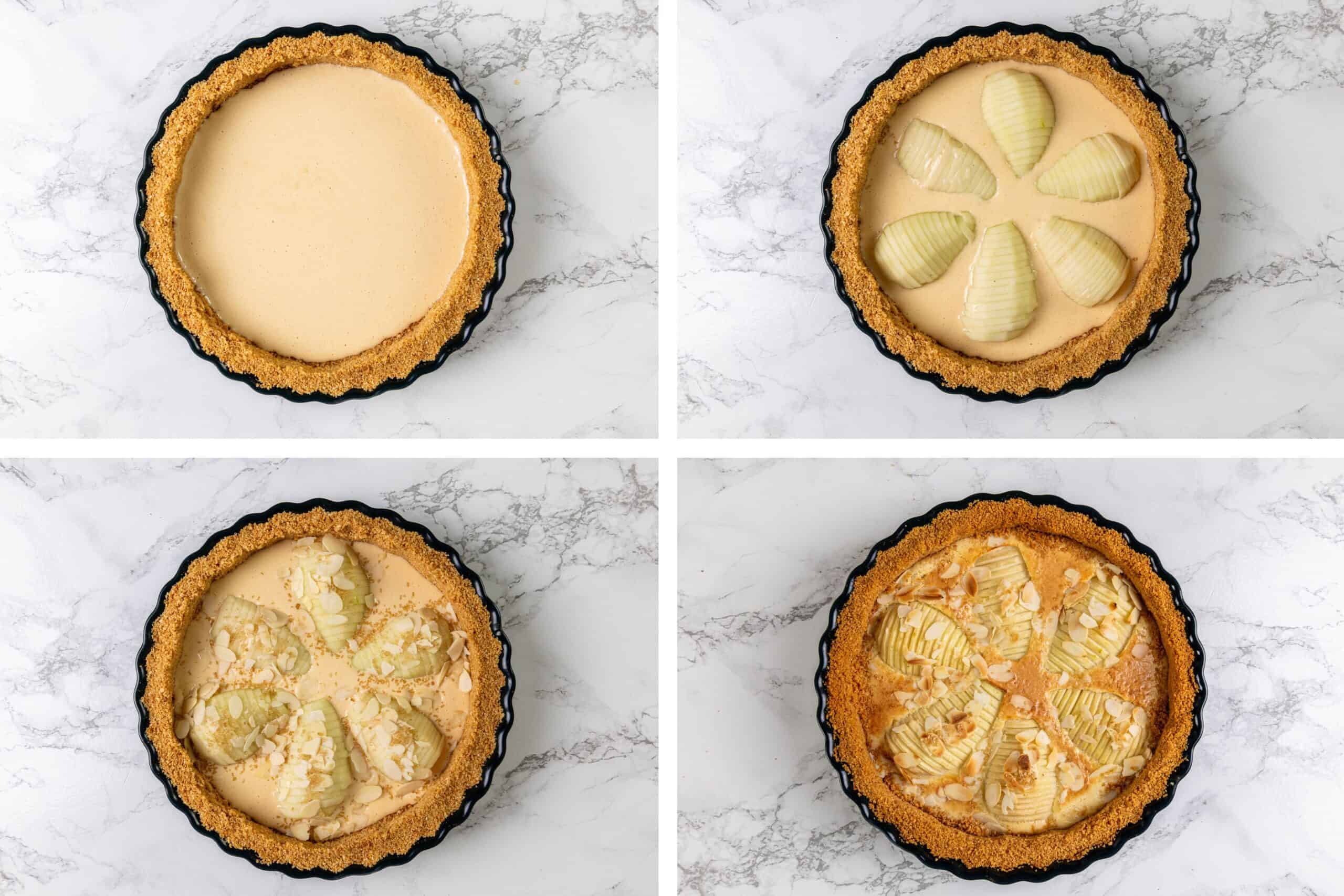 An unbaked tart shell with filling, a tart with sliced pears, pears topped with almonds, and a fully baked pear tart.