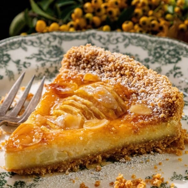 A slice of almond and apple tart with a crumbly crust on a patterned plate next to a fork, topped with powdered sugar.