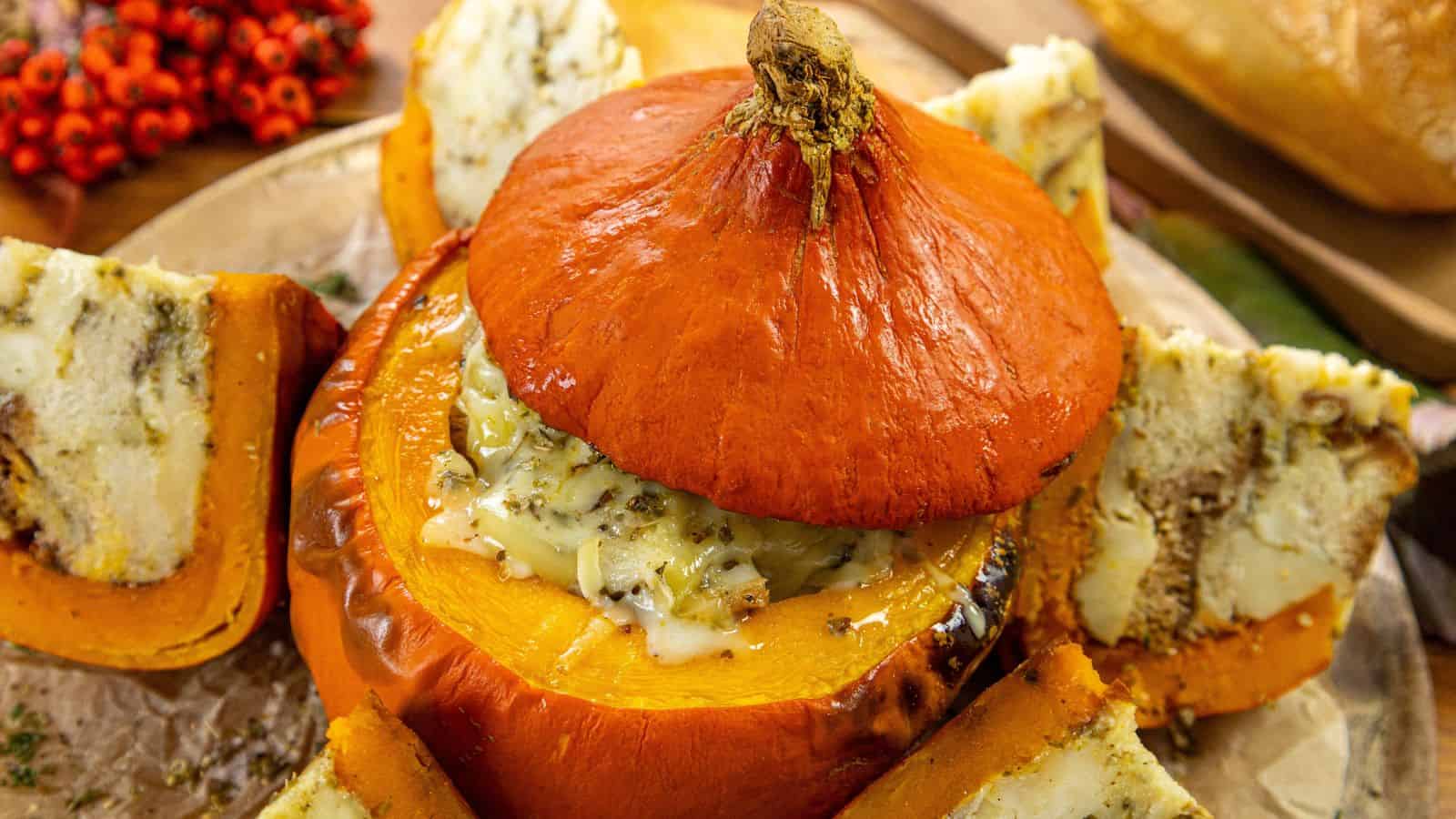 A baked pumpkin with its top removed, filled with a creamy cheese and herb mixture, surrounded by slices of bread.