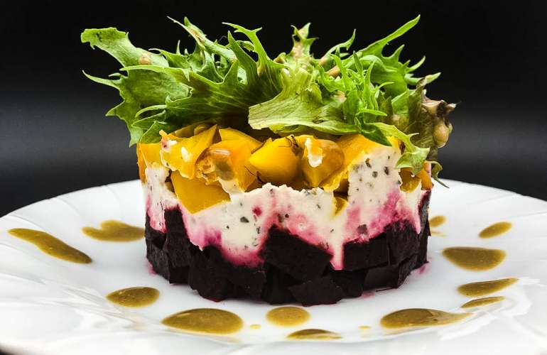 Beet Napoleons with Garlicky Balsamic Vinaigrette