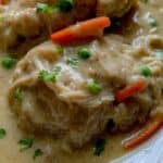 A bowl of hot chicken stew with fluffy dumplings.