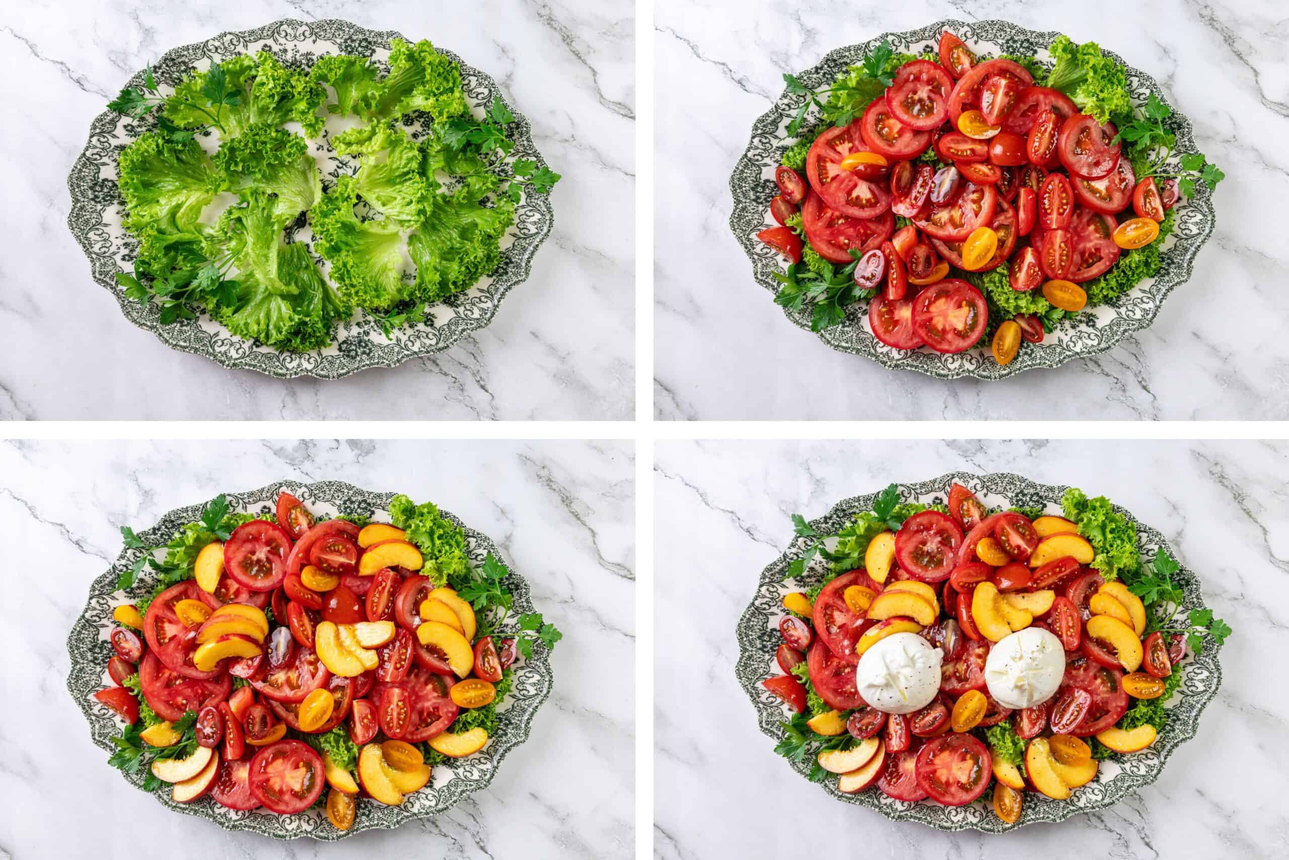 Lettuce leaves arranged on a patterned platter, topped with slices of tomatoes and peaches, finished with two rounds of cheese.