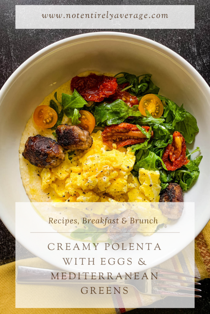 Pinterest pin image for breakfast polenta bowl with eggs and Mediterranean greens