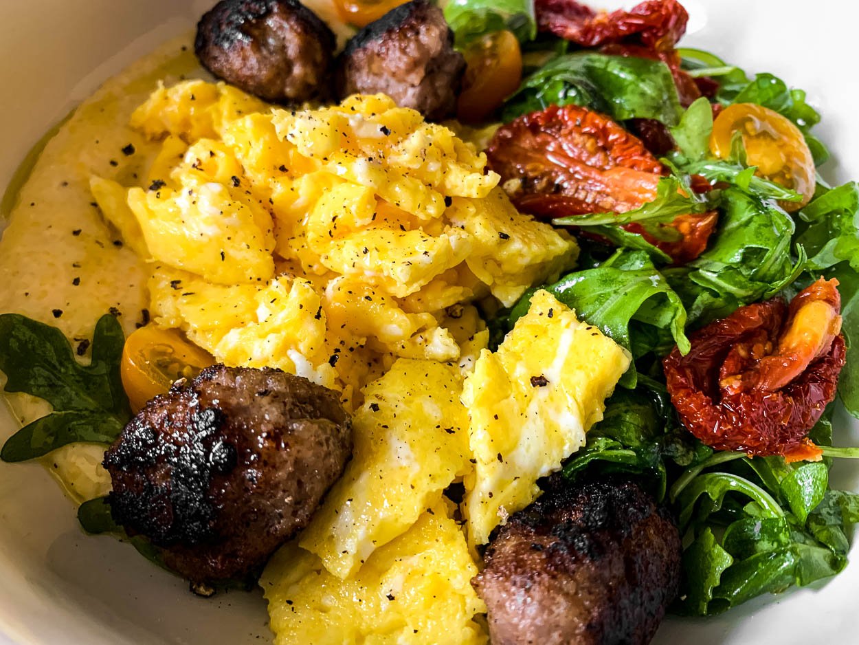 Skillet Cheddar Polenta with Sausage - Running to the Kitchen®