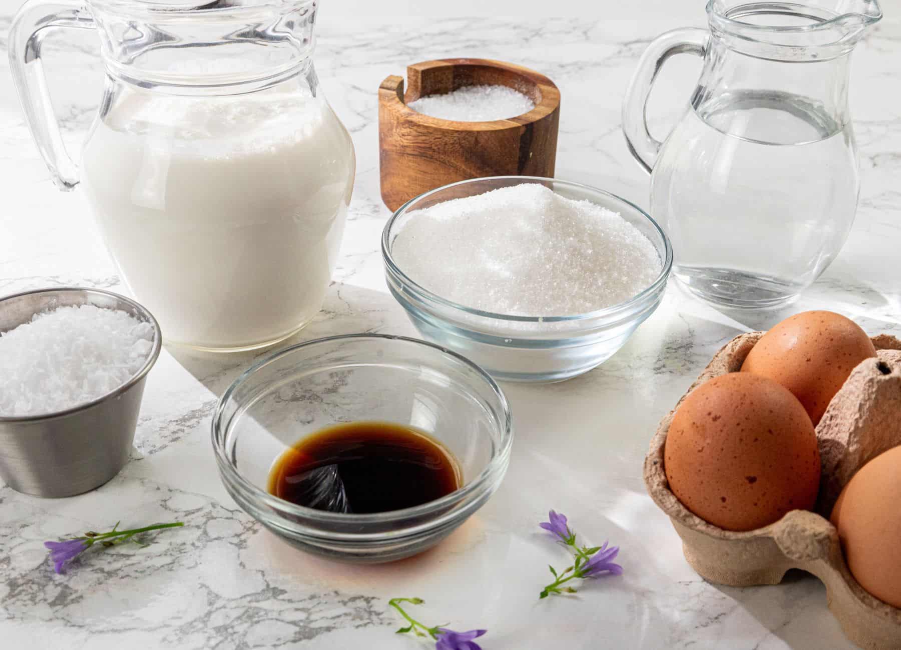 Milk, sugar, eggs, vanilla extract, salt, shredded coconut, and water arranged on a white countertop.
