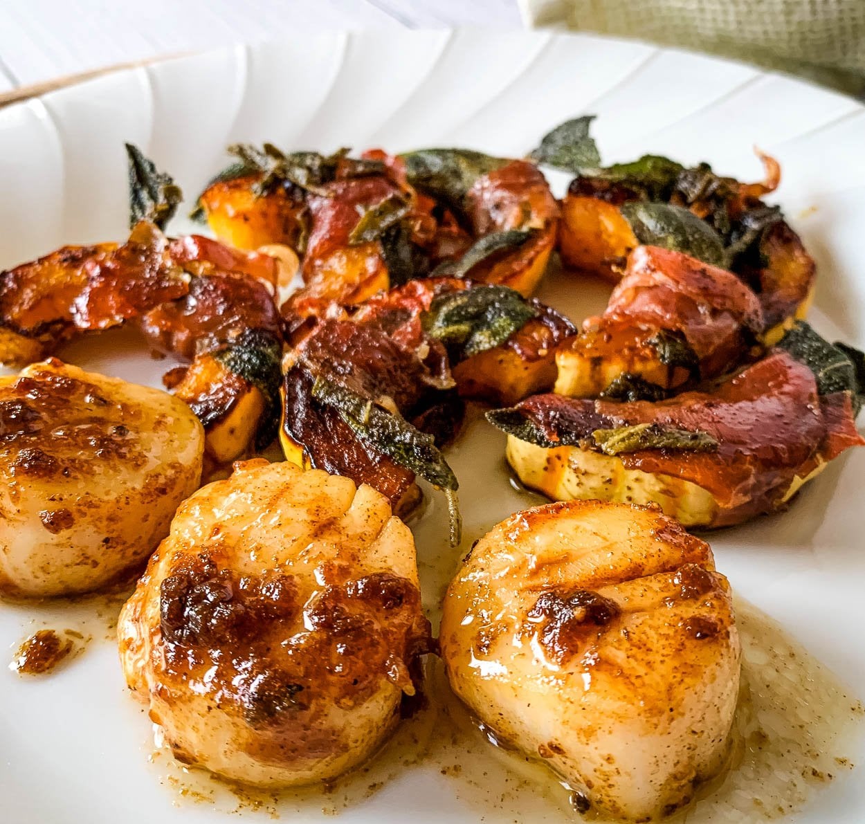 close up of Delicate Squash Saltimbocca with Pan Scallops