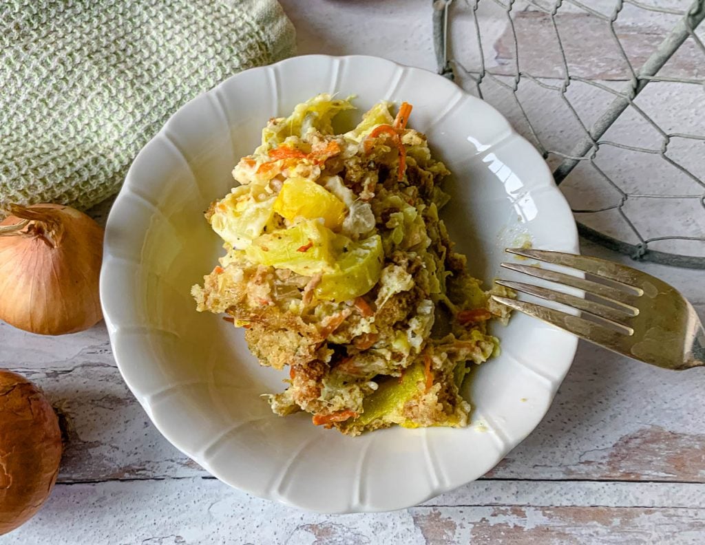 easy squash casserole in a small bowl