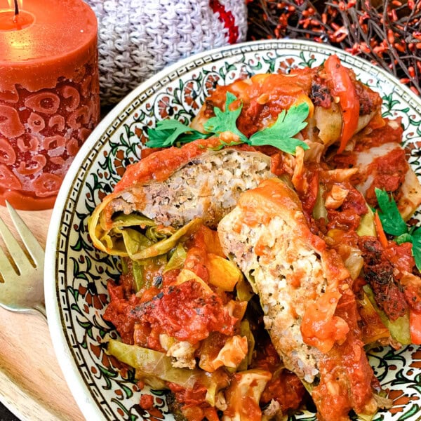 overhead shot of Ukrainian Holubtsi or Stuffed Cabbage Rolls