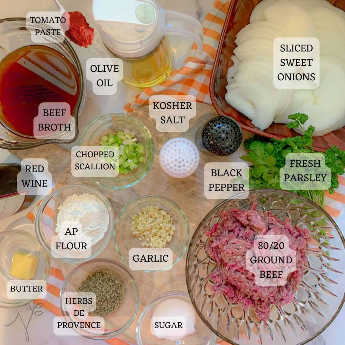 All ingredients necessary to assemble the ground beef hamburger steaks for French Onion Salisbury Steaks.