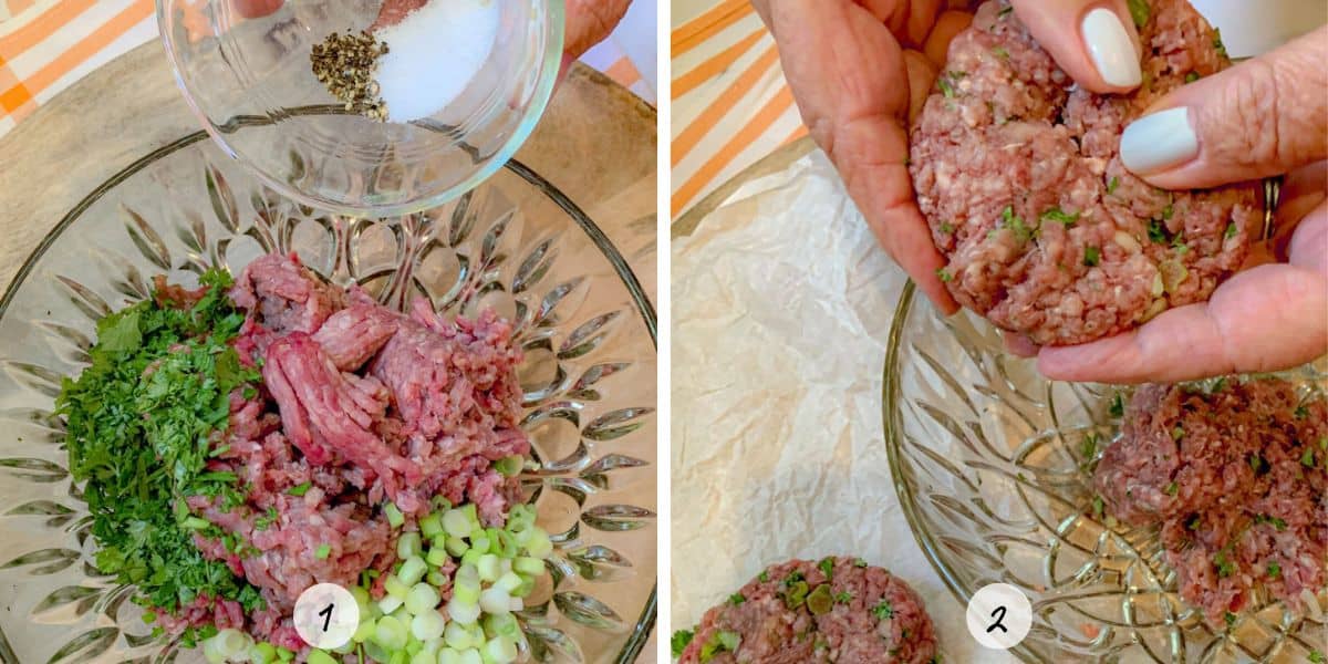 Hands adding spices and ingredients to a bowl filled with ground beef for Salisbury Steaks.