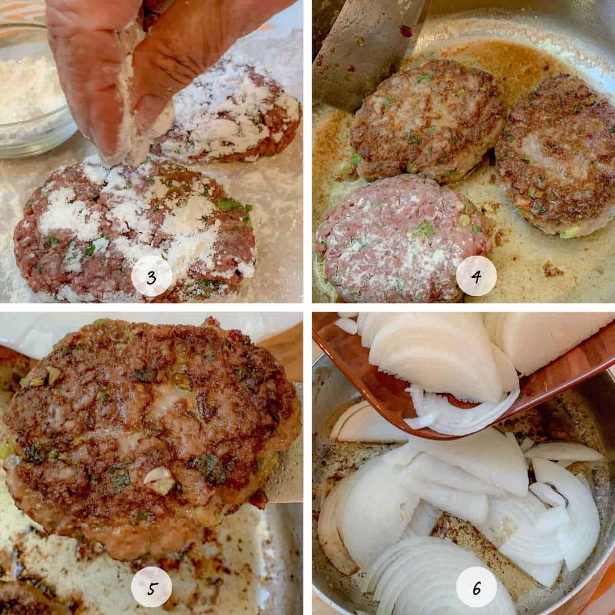 Hands sprinkling flour over hamburger steaks and browning them on each side in a pan.