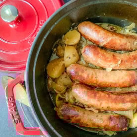 Dublin Coddle stew in a pot, with sausage