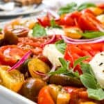 Sliced tomatoes, mozzarella cheese, red onions, and basil leaves arranged on a white plate.