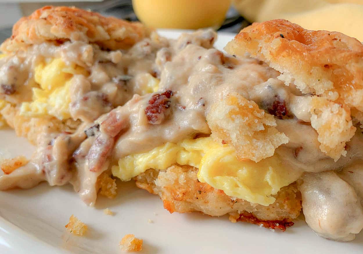 biscuits and eggs, with ham gravy