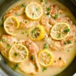 A skillet with Chicken Francaise and lemon slices and lemon sauce.