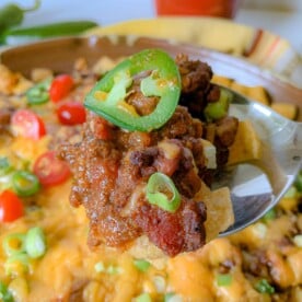 close up photo of Frito Pie Casserole on a spoon