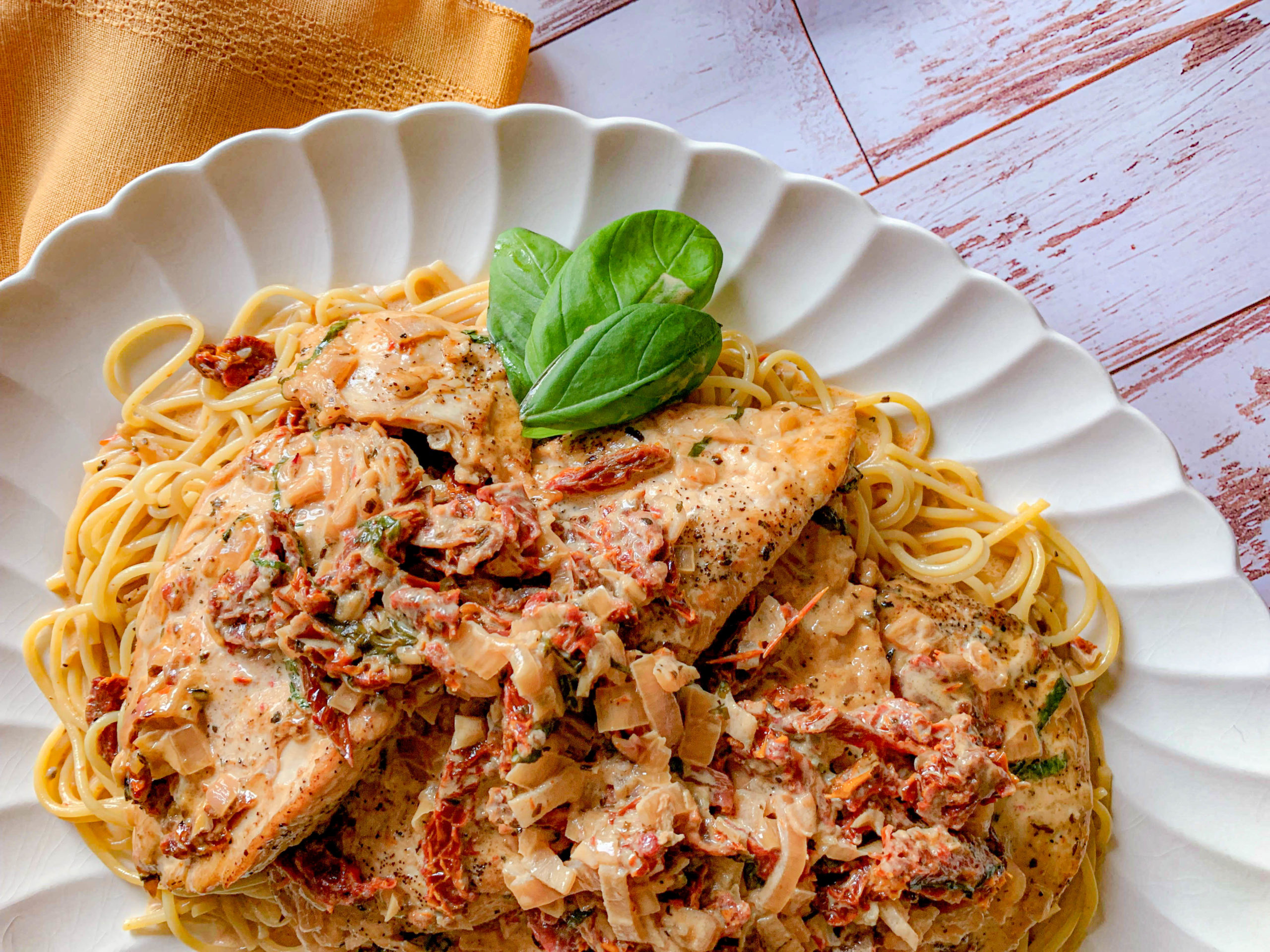 chicken, with sauce in a pan