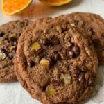 chocolate fudge cookies dotted with chocolate chips and candied orange peel