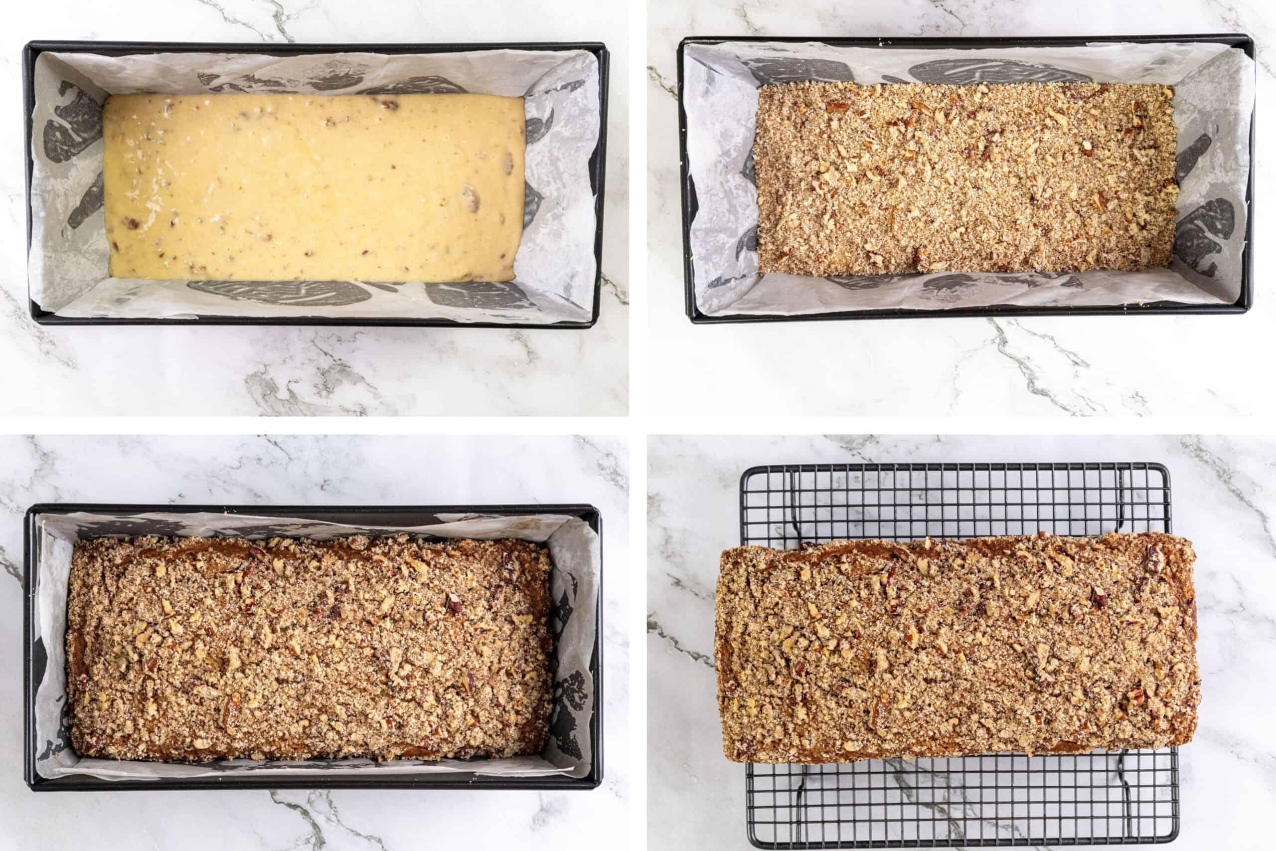 Batter in a loaf pan, batter topped with crumbs, baked loaf in the pan, finished loaf cooling on a wire rack.