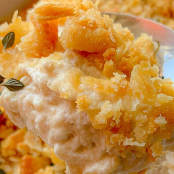 A spoonful of chicken casserole with a Ritz cracker topping.