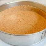 A springform pan with a pretzel dessert pie crust pressed into it.