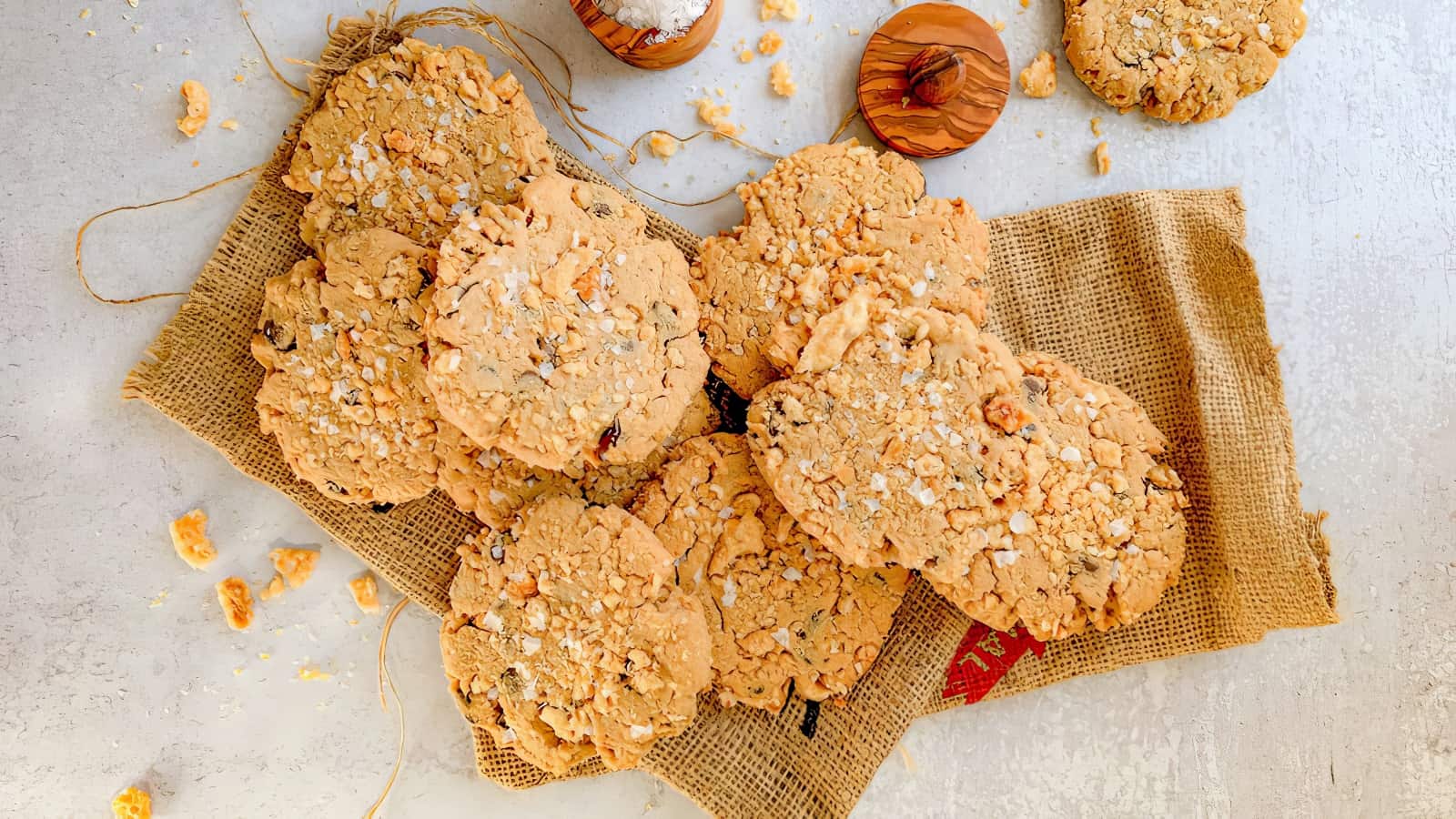 Peanut butter cookies with crunchy pork rind coating and sea salt.