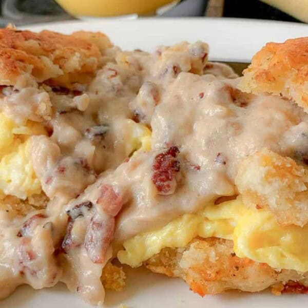 Biscuits with eggs and ham gravy.