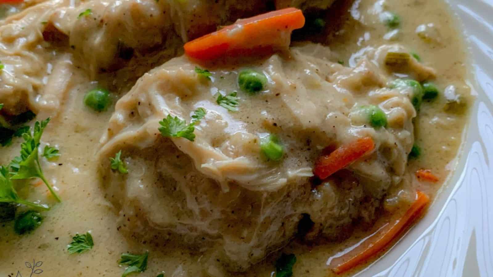 Chicken and dumplings in a bowl.