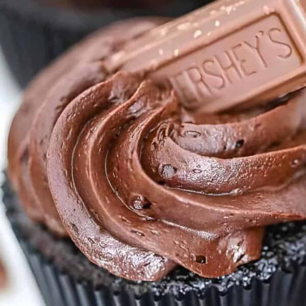 A chocolate cupcake with swirled chocolate frosting, topped with a piece of Hershey's chocolate.