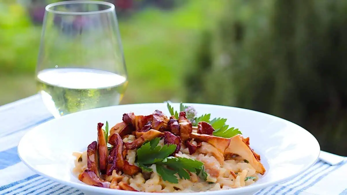 A plate of creamy risotto topped with sautéed wild mushrooms and garnished with fresh parsley is set on a white tablecloth outdoors. A glass of white wine is positioned to the left, with a blurred garden background.