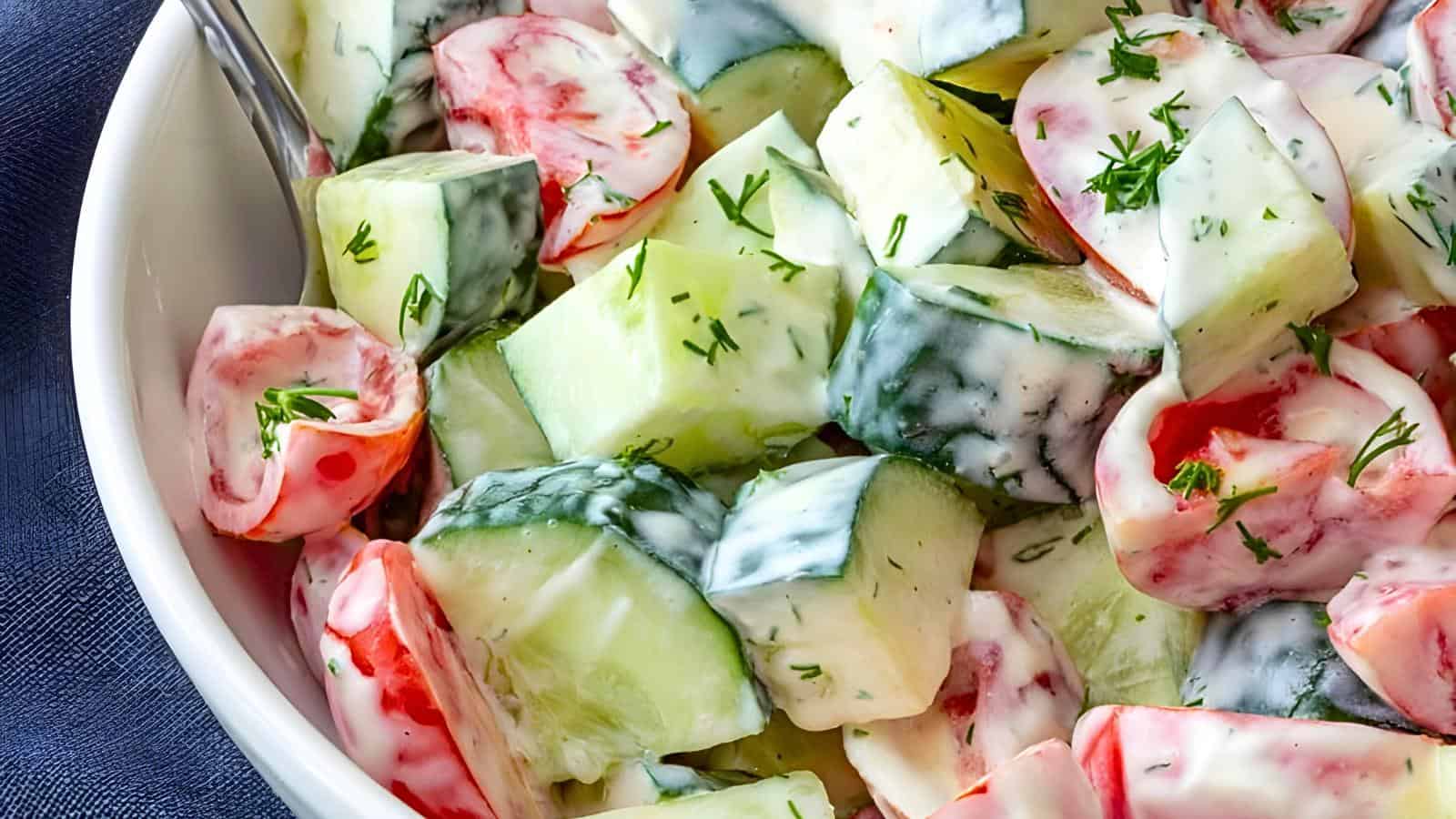 A bowl filled with sliced cucumbers, tomatoes, creamy dressing, and garnished with dill.