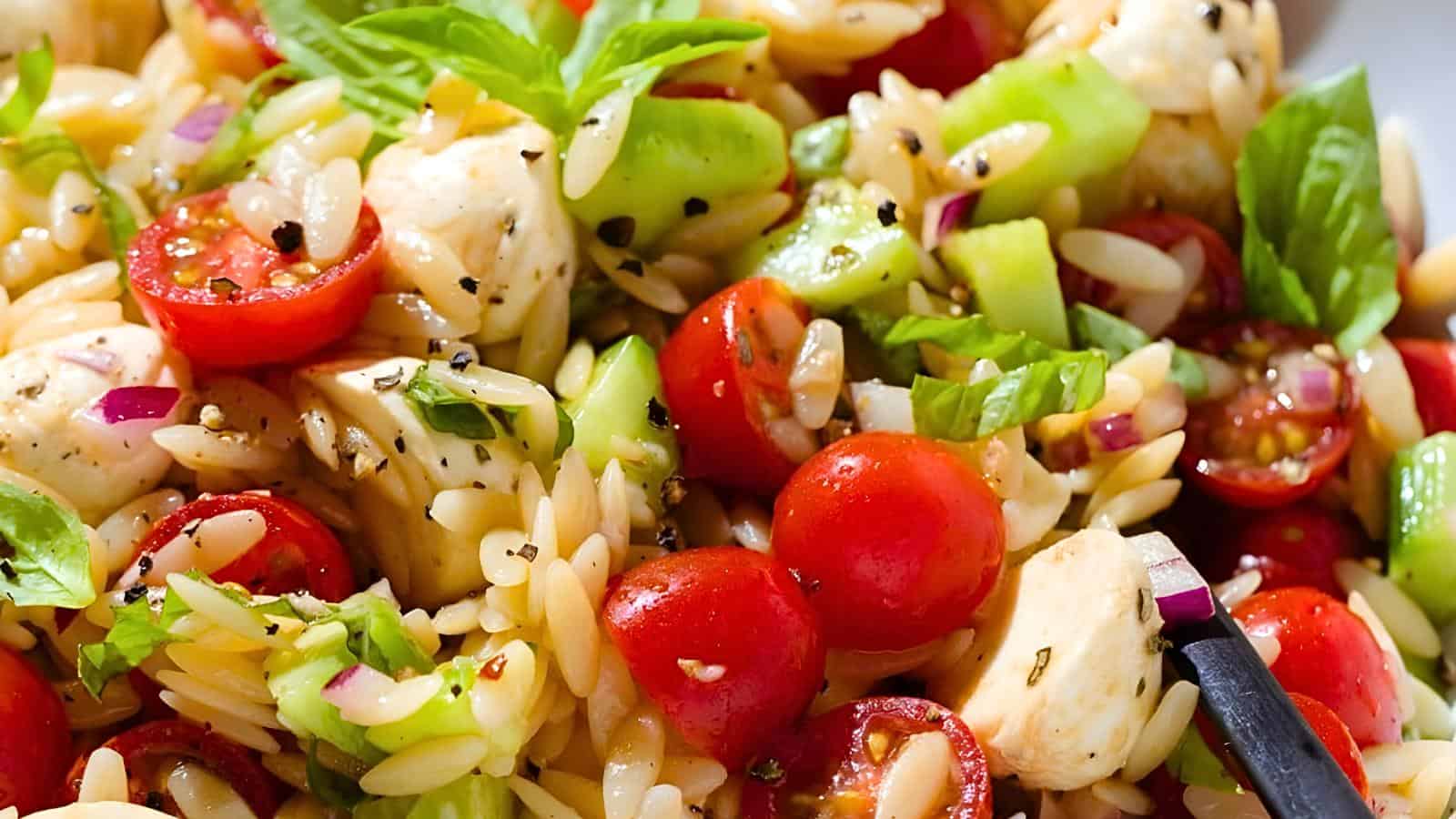 Orzo, cherry tomatoes, diced mozzarella, chopped celery, red onion, basil, black pepper.