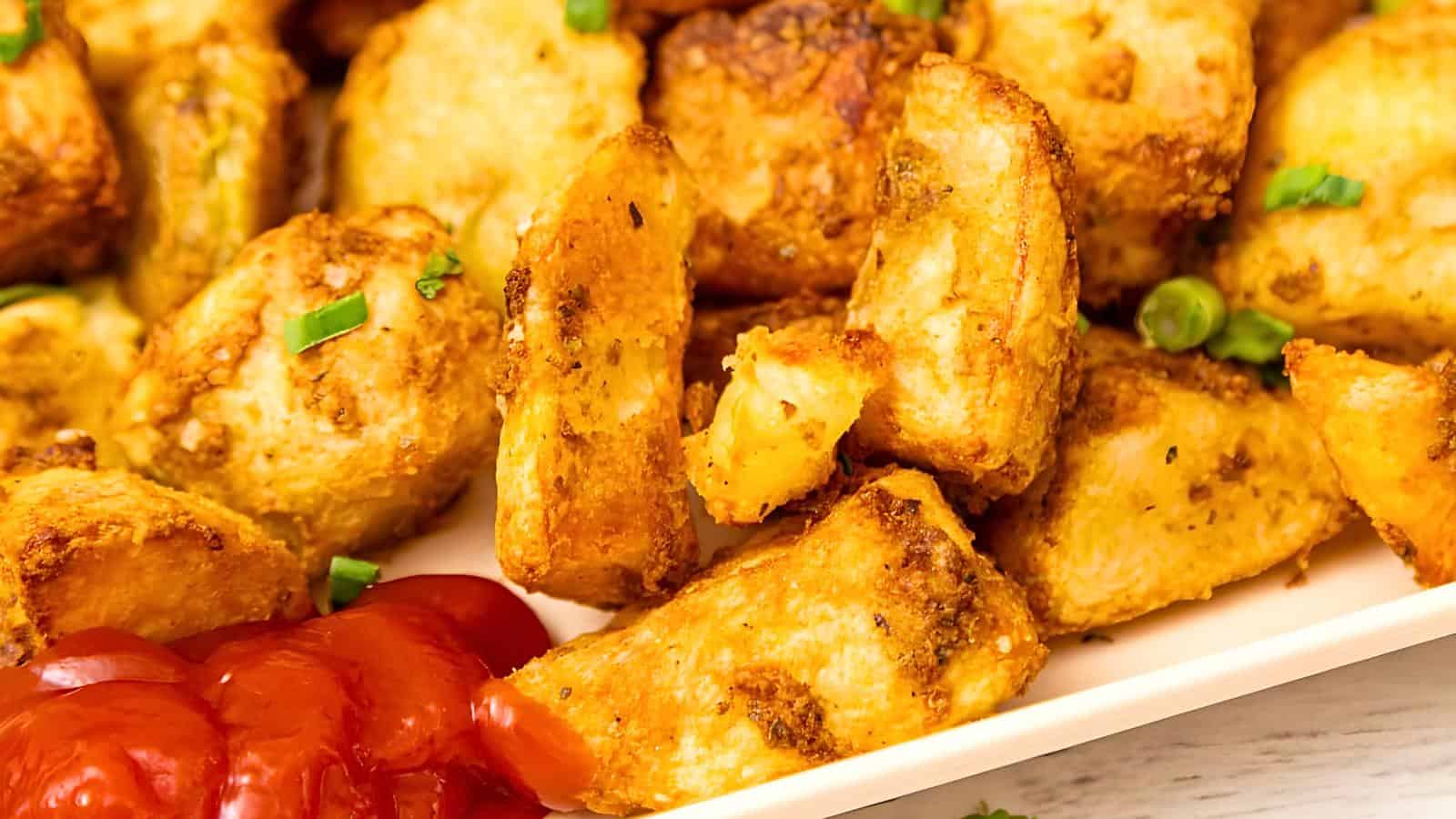 A plate of crispy baked potato wedges garnished with green onions, served with a side of ketchup.