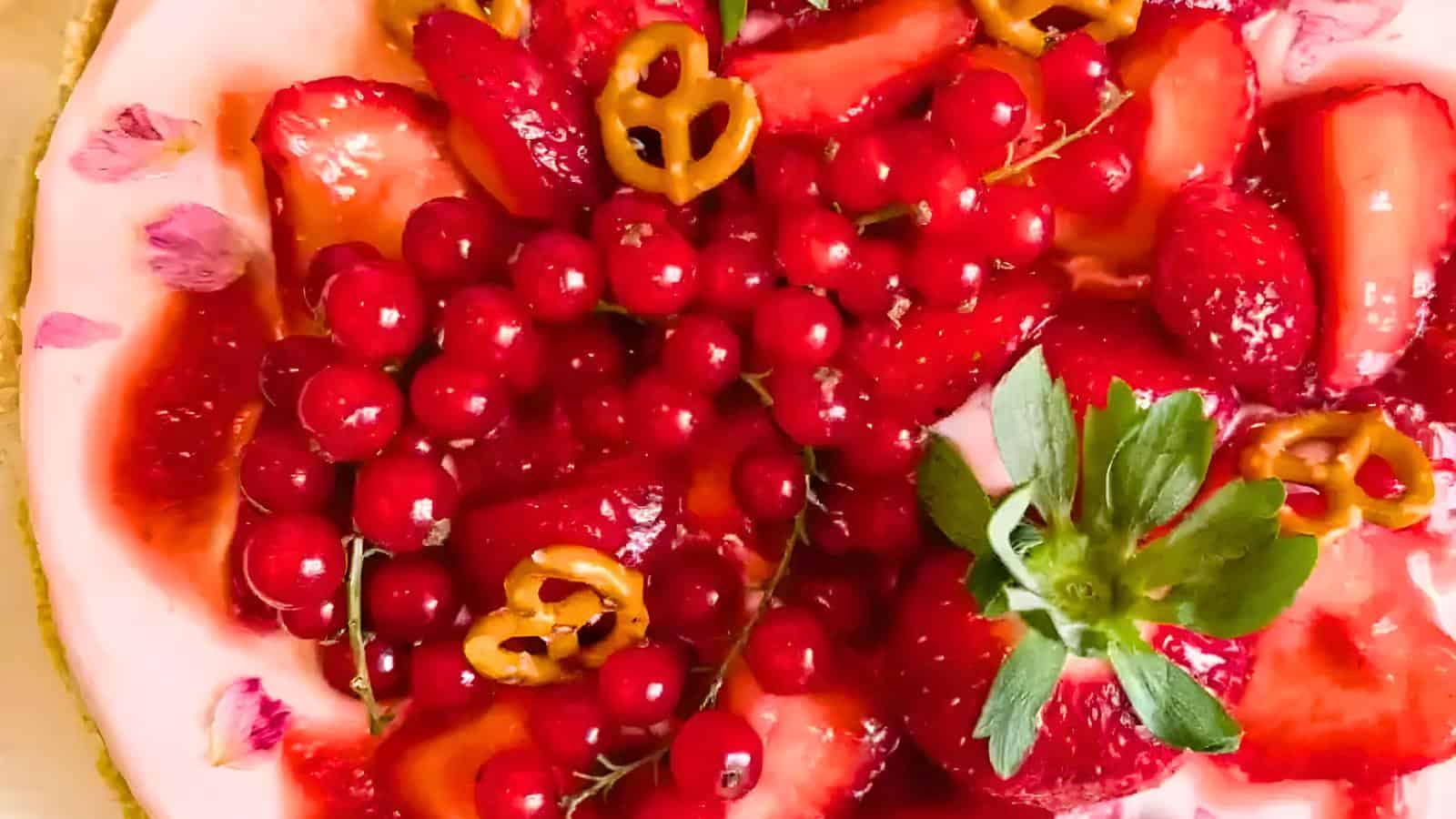 A dessert with fresh strawberries, red currants, and small pretzels, garnished with a green leafy stem.