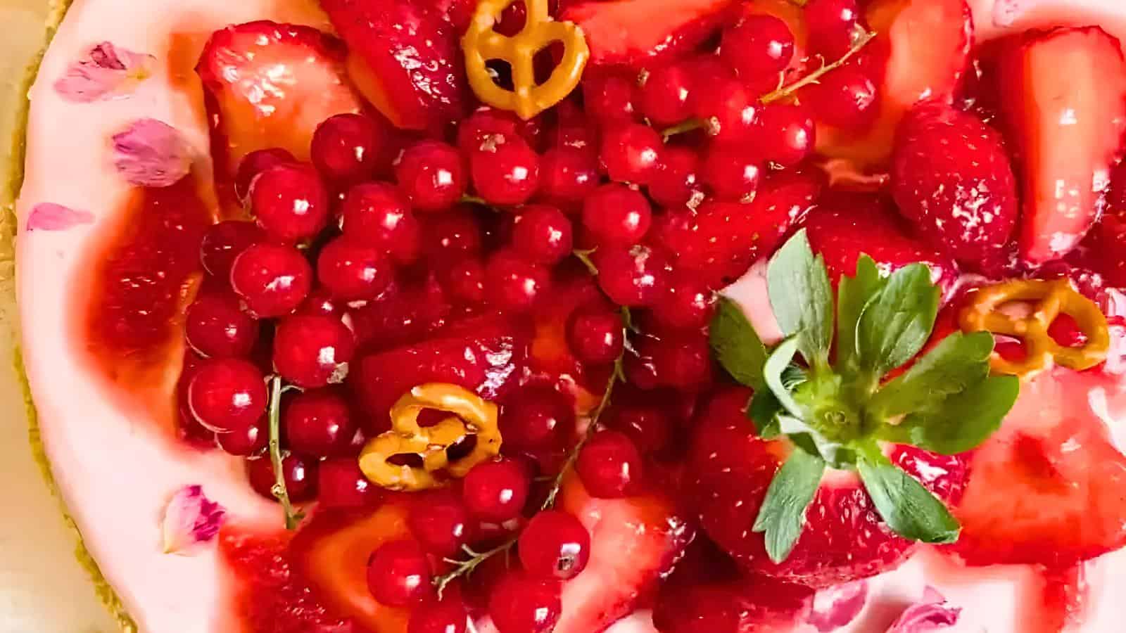 Dessert topped with strawberries, red currants, and small pretzels, garnished with a sprig of greenery.