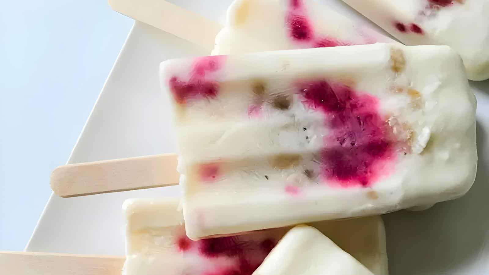 Popsicles with visible fruit pieces, featuring pink and brown swirls, are stacked on a white plate.