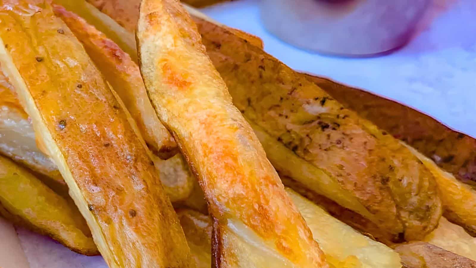 Thick-cut, golden-brown potato wedges, seasoned and crispy on the edges, placed on white paper.