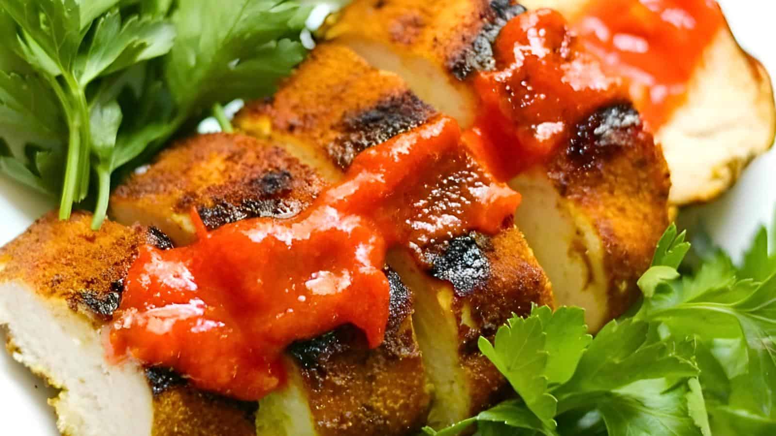 Grilled chicken slices topped with red sauce, garnished with fresh parsley leaves.