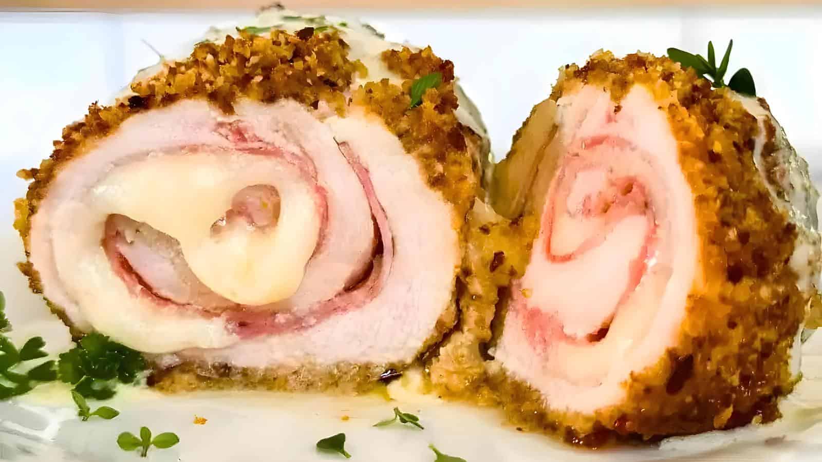 Two chicken cordon bleu rolls sliced in half, showing layers of ham, cheese, and breaded chicken, garnished with chopped herbs.