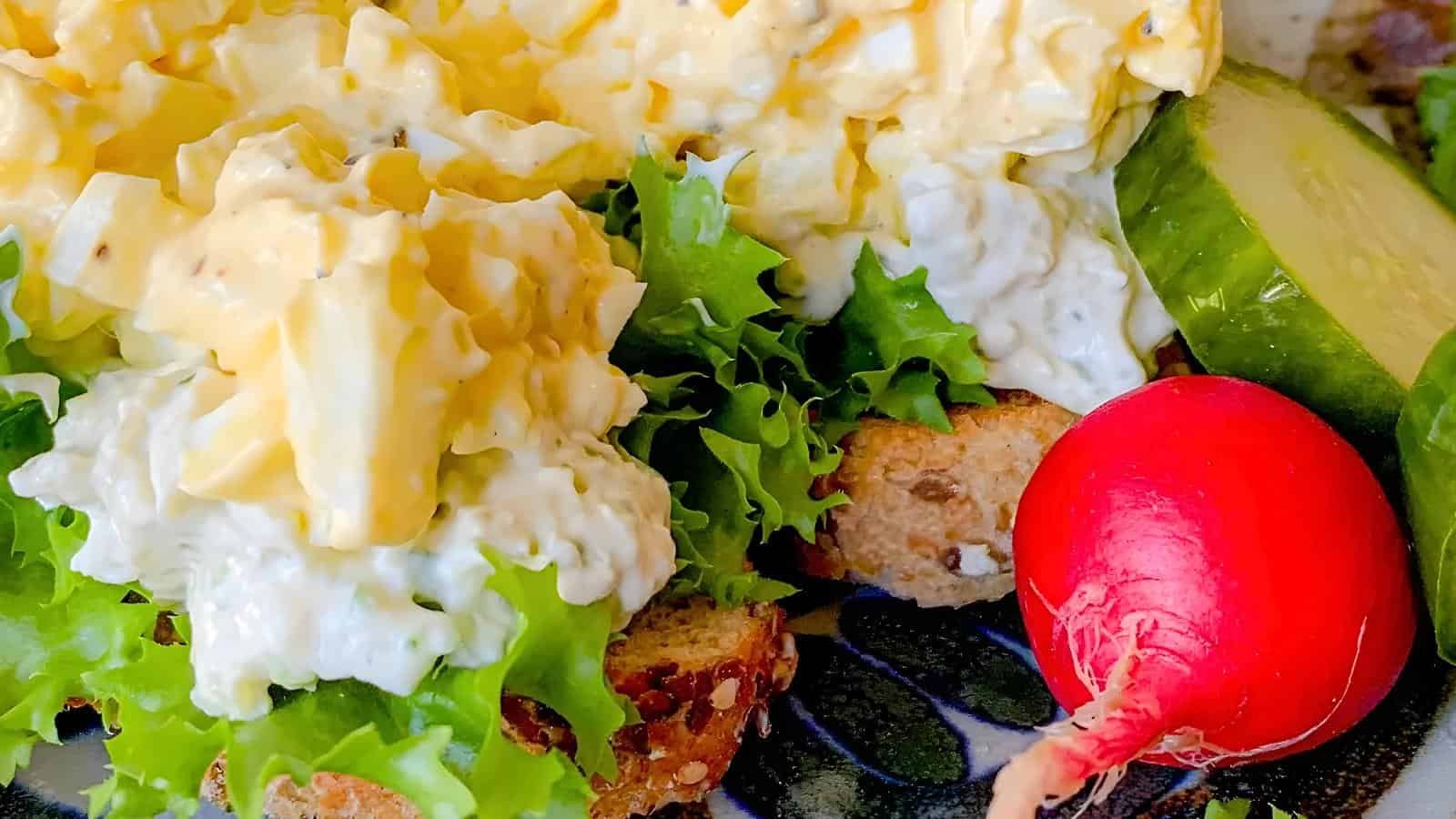 Egg salad and leafy greens on whole grain bread, sliced cucumber, and a whole radish.