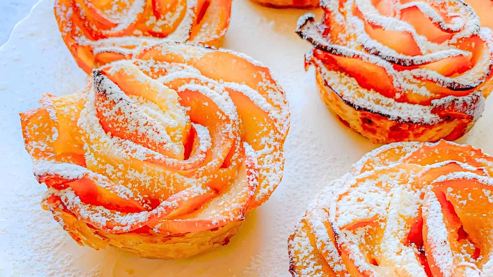 Intricately arranged apple rose pastries dusted with powdered sugar.