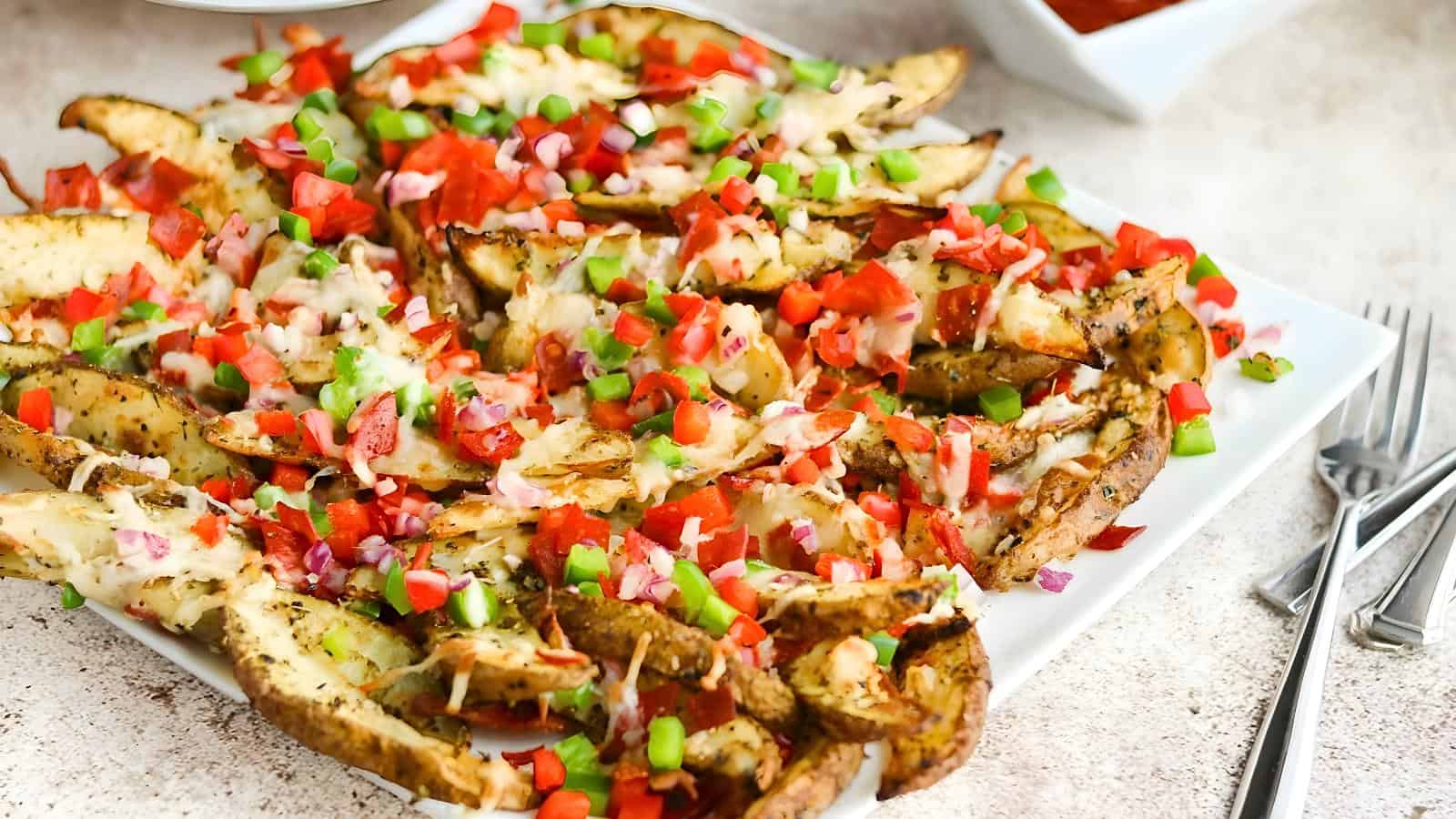 A plate of seasoned potato wedges topped with melted cheese, chopped bell peppers, tomatoes, and onions, with forks nearby.