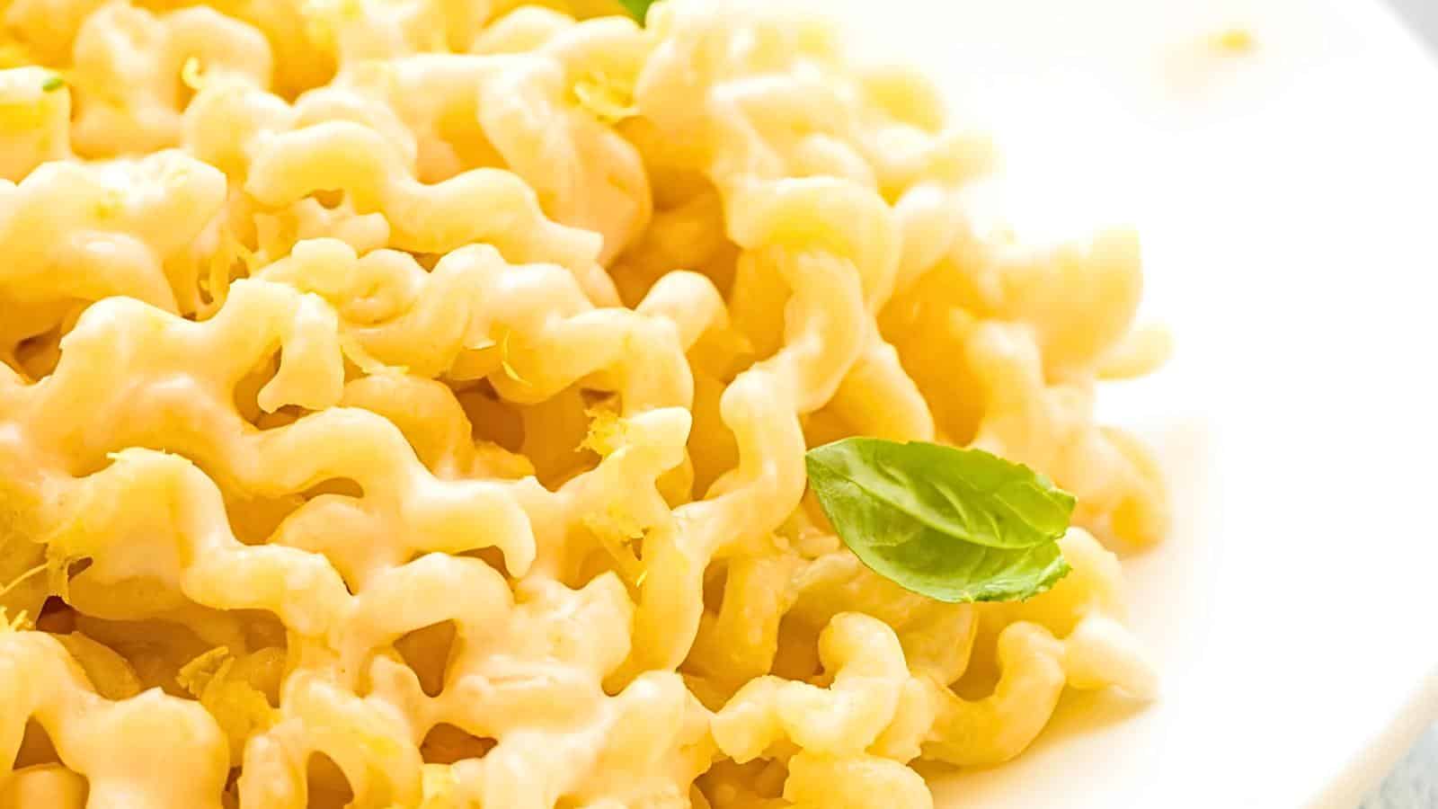 Wavy pasta topped with creamy sauce, garnished with fresh basil leaves.