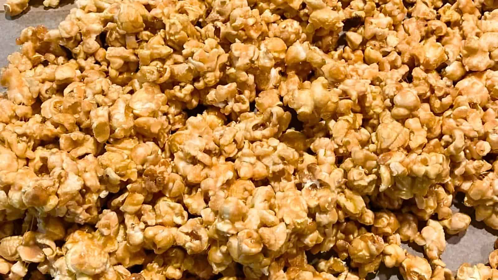Golden-brown caramel-coated popcorn.