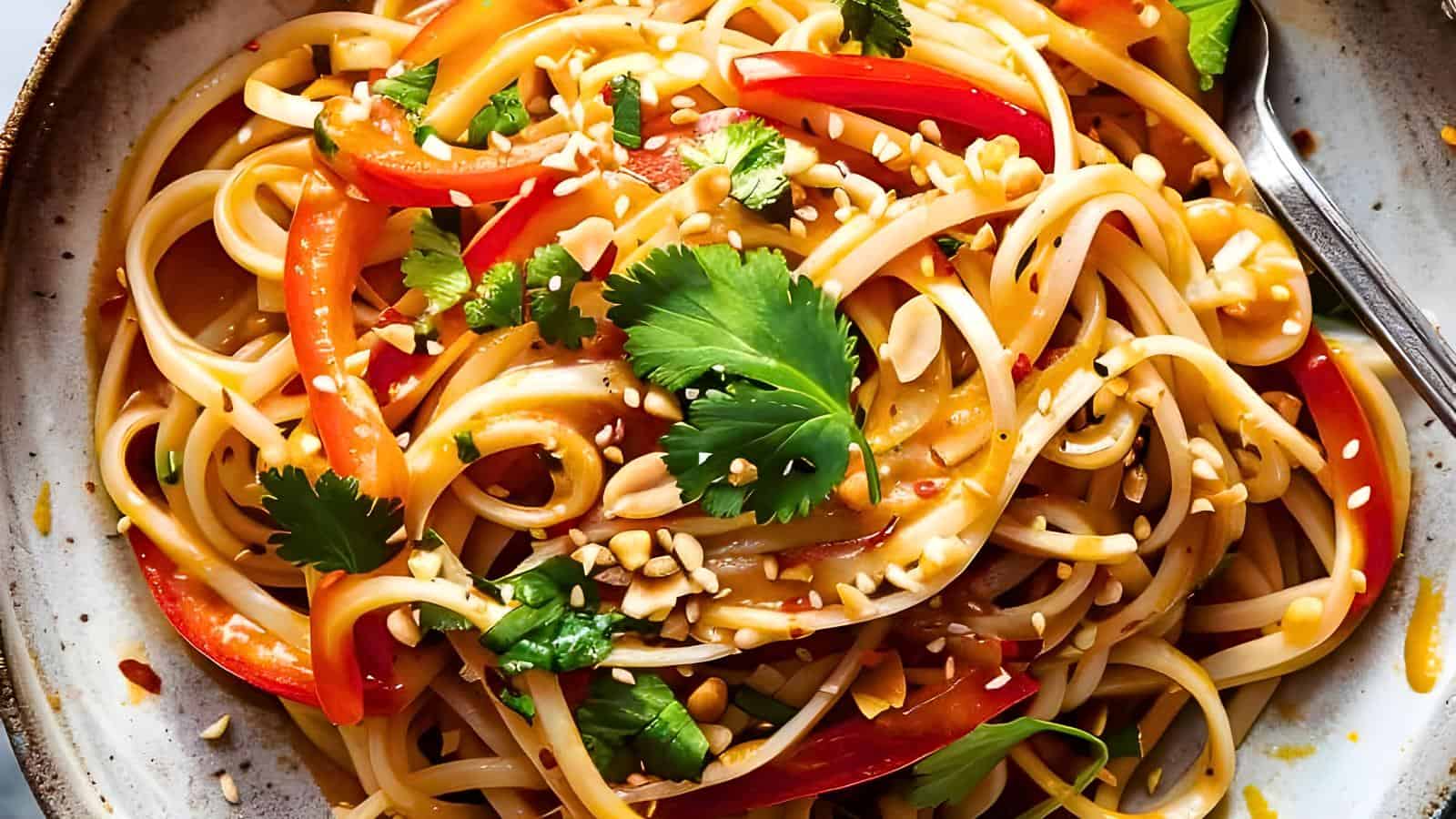 A close-up of a bowl of noodles mixed with sliced red peppers, garnished with fresh cilantro, sesame seeds, and chopped peanuts. The dish appears vibrant and colorful, with a shiny sauce coating the ingredients.