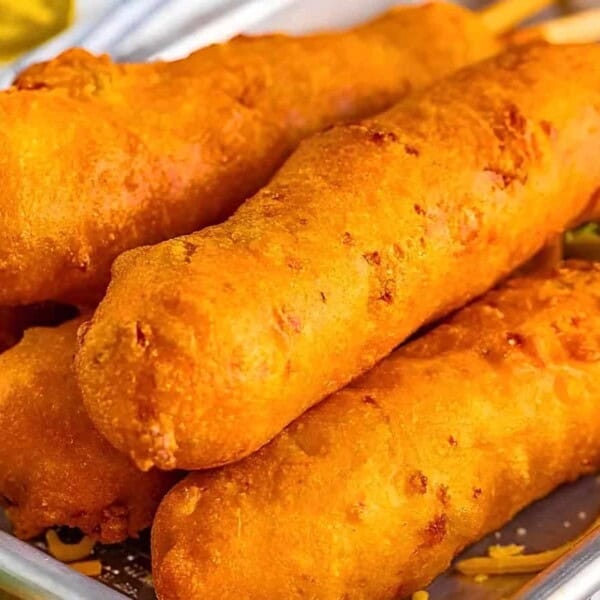 Five golden-brown corn dogs on wooden sticks are placed on a rectangular metal tray, garnished with sliced jalapeños.