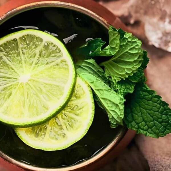 A cup containing ice-cold liquid, garnished with two lime slices and sprigs of fresh mint leaves. A section of a cloth is visible beside the cup.