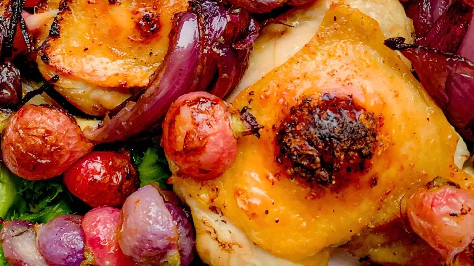 Golden-brown chicken pieces, caramelized red onions, roasted radishes.