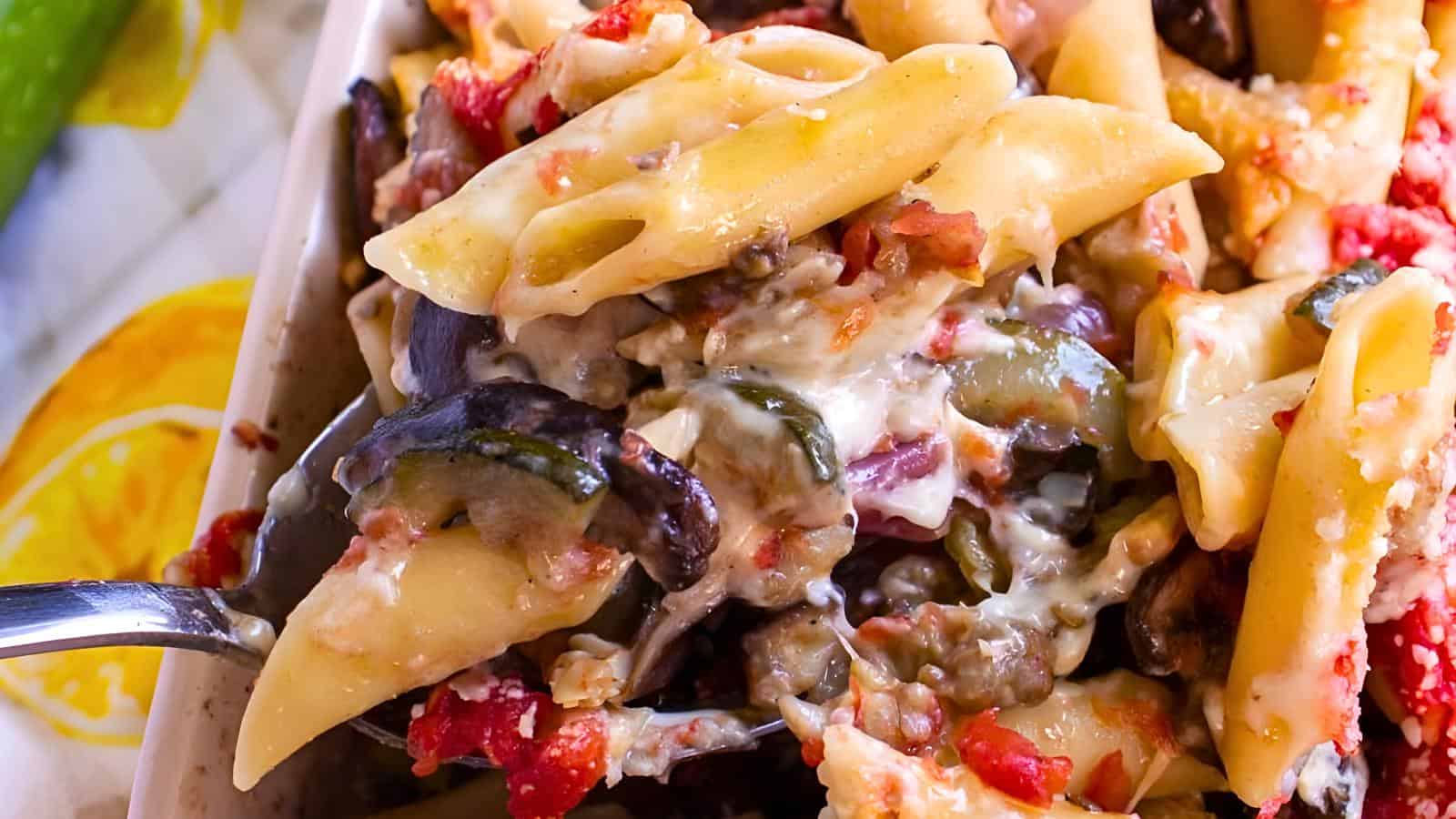 The image features a baked pasta dish with penne, cheese, mushrooms, vegetables, and diced tomatoes on top. A spoon is scooping out a portion.